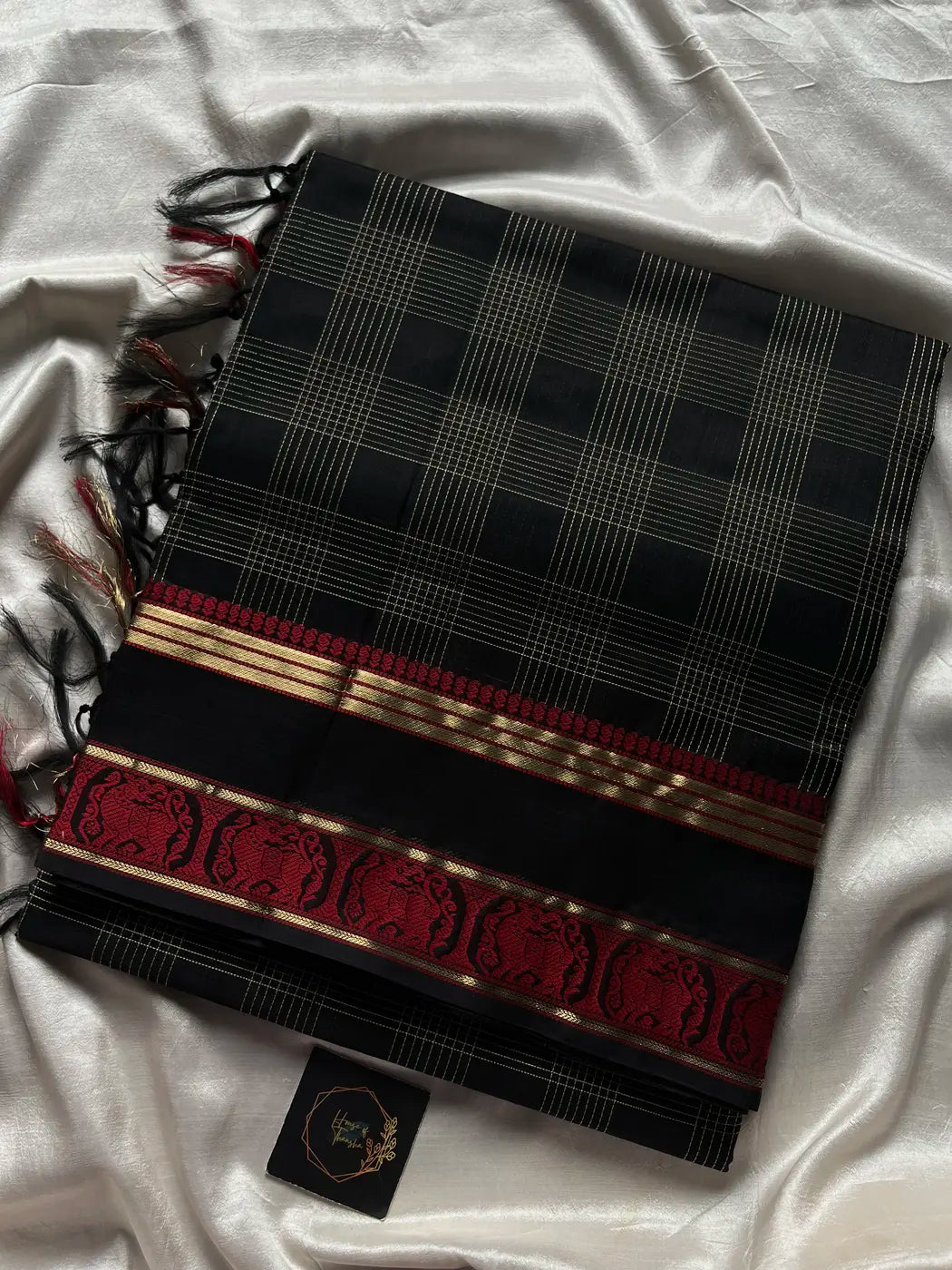 Pure Handloom Kanchi Silkcotton – Black & Red Checks