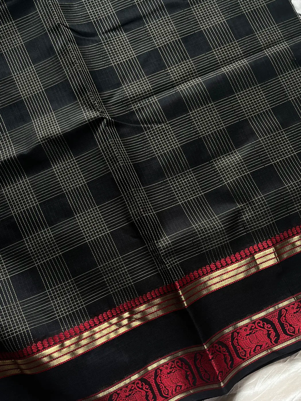 Pure Handloom Kanchi Silkcotton – Black & Red Checks