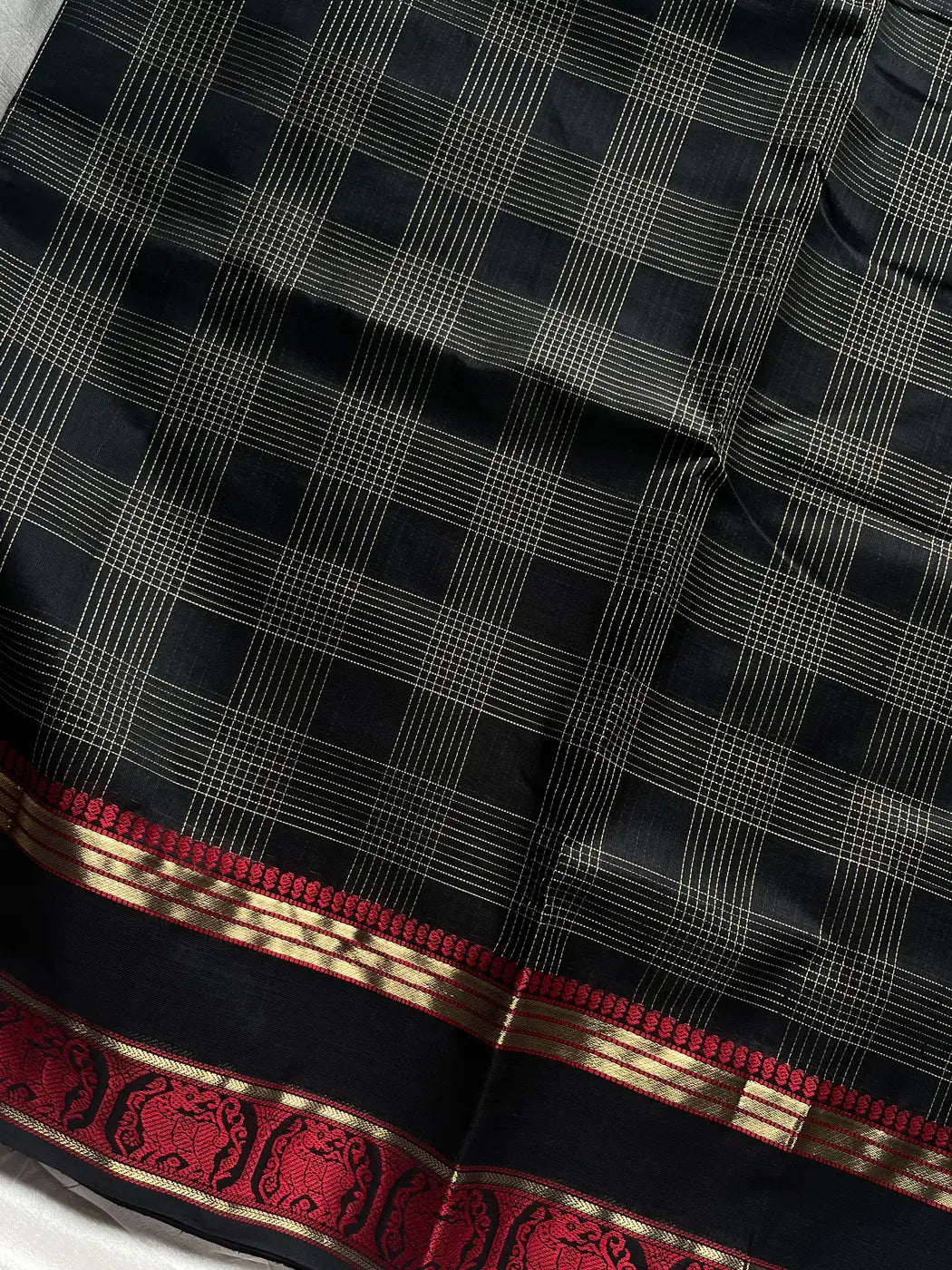 Pure Handloom Kanchi Silkcotton – Black & Red Checks