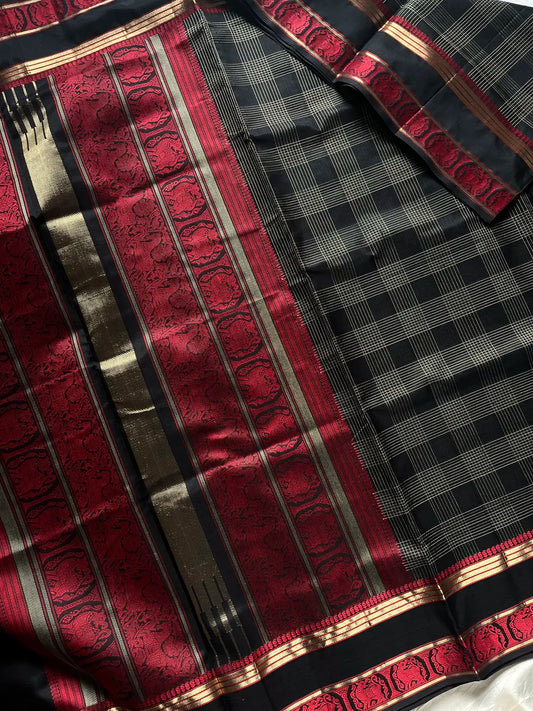Pure Handloom Kanchi Silkcotton – Black & Red Checks