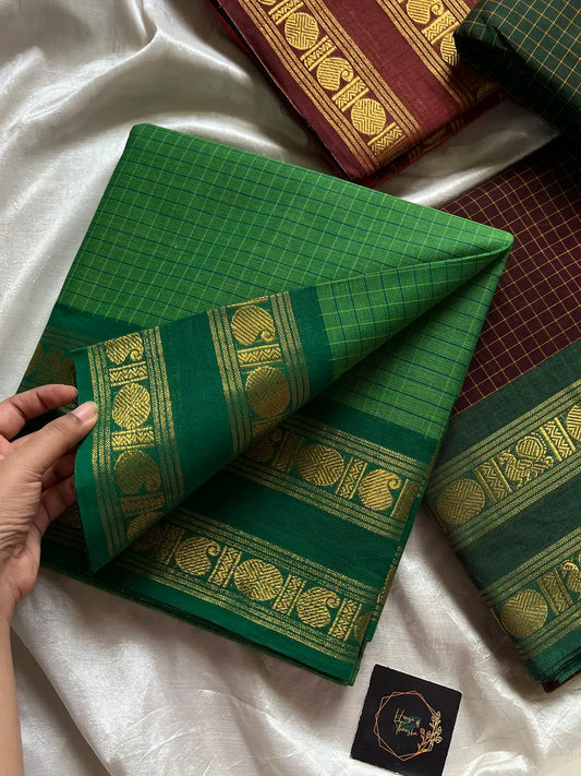 Kattam Edit | Chettinadu Cotton Checked Saree – Leaf Green
