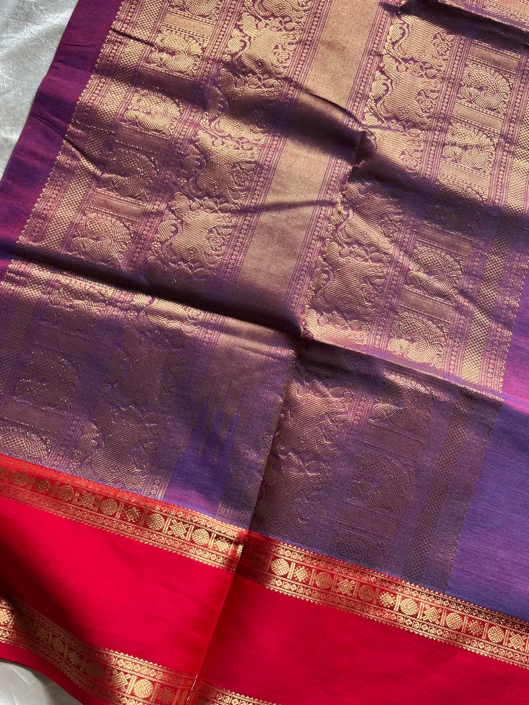 Kanchi Silkcotton Saree - Violet & Red