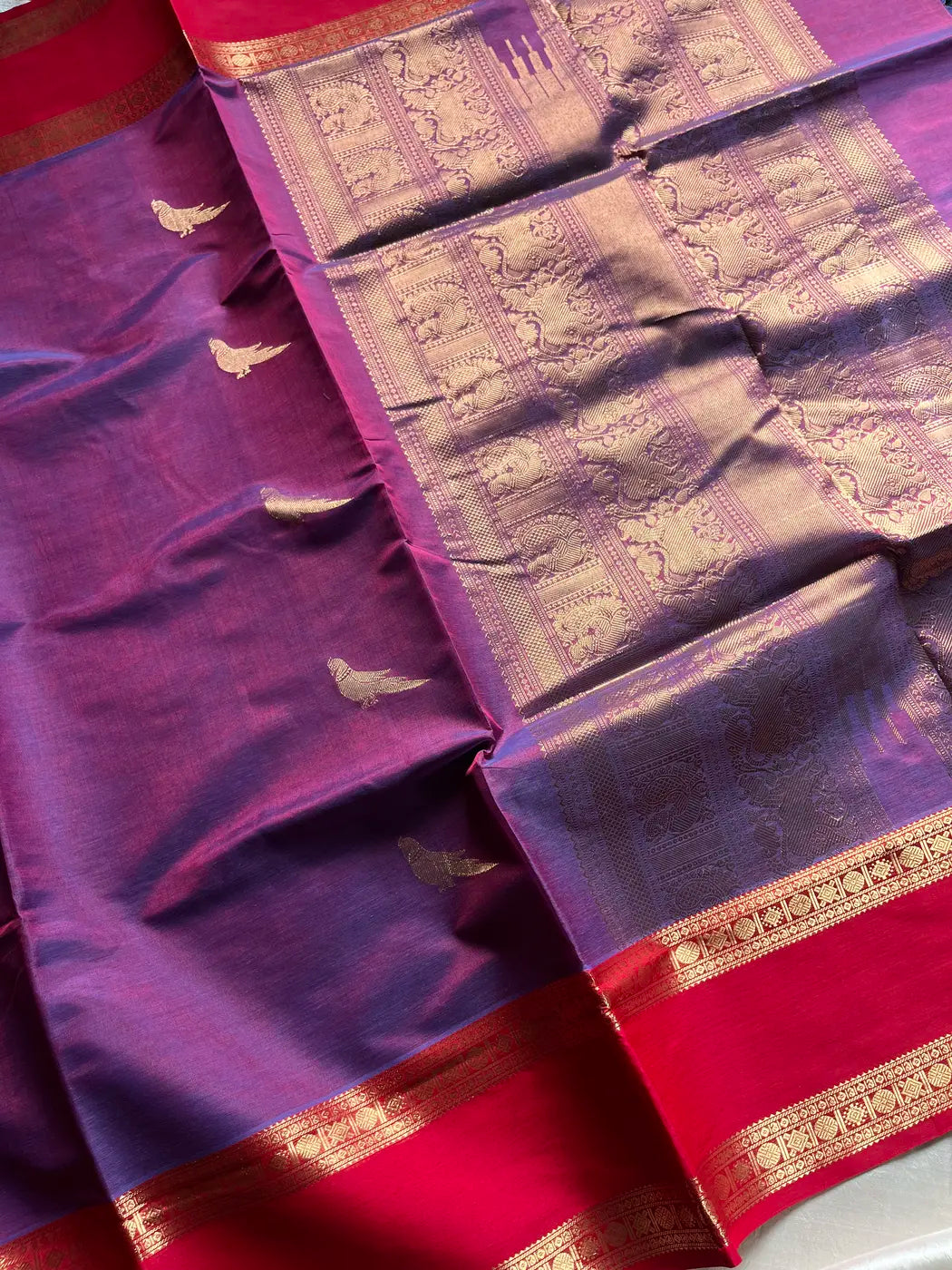 Kanchi Silkcotton Saree - Violet & Red