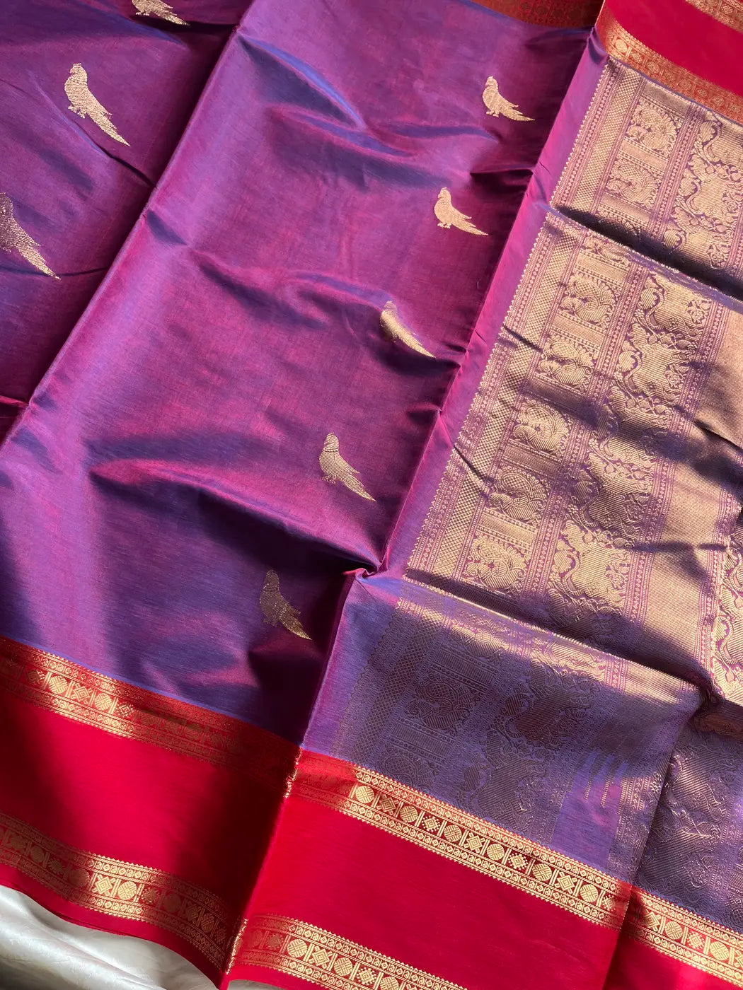 Kanchi Silkcotton Saree - Violet & Red
