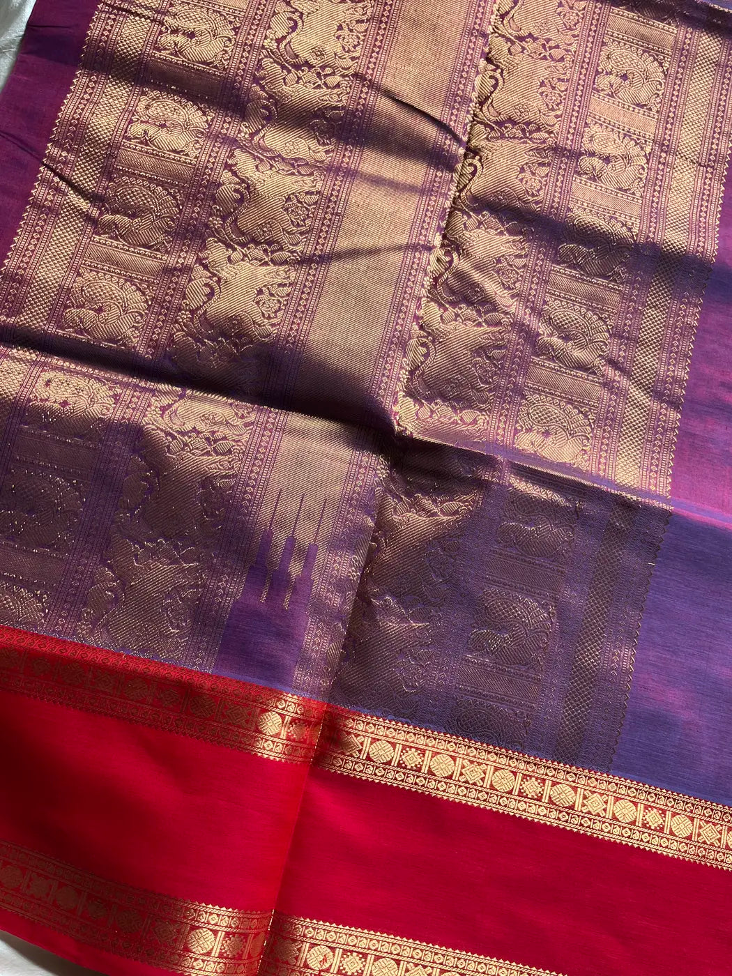 Kanchi Silkcotton Saree - Violet & Red
