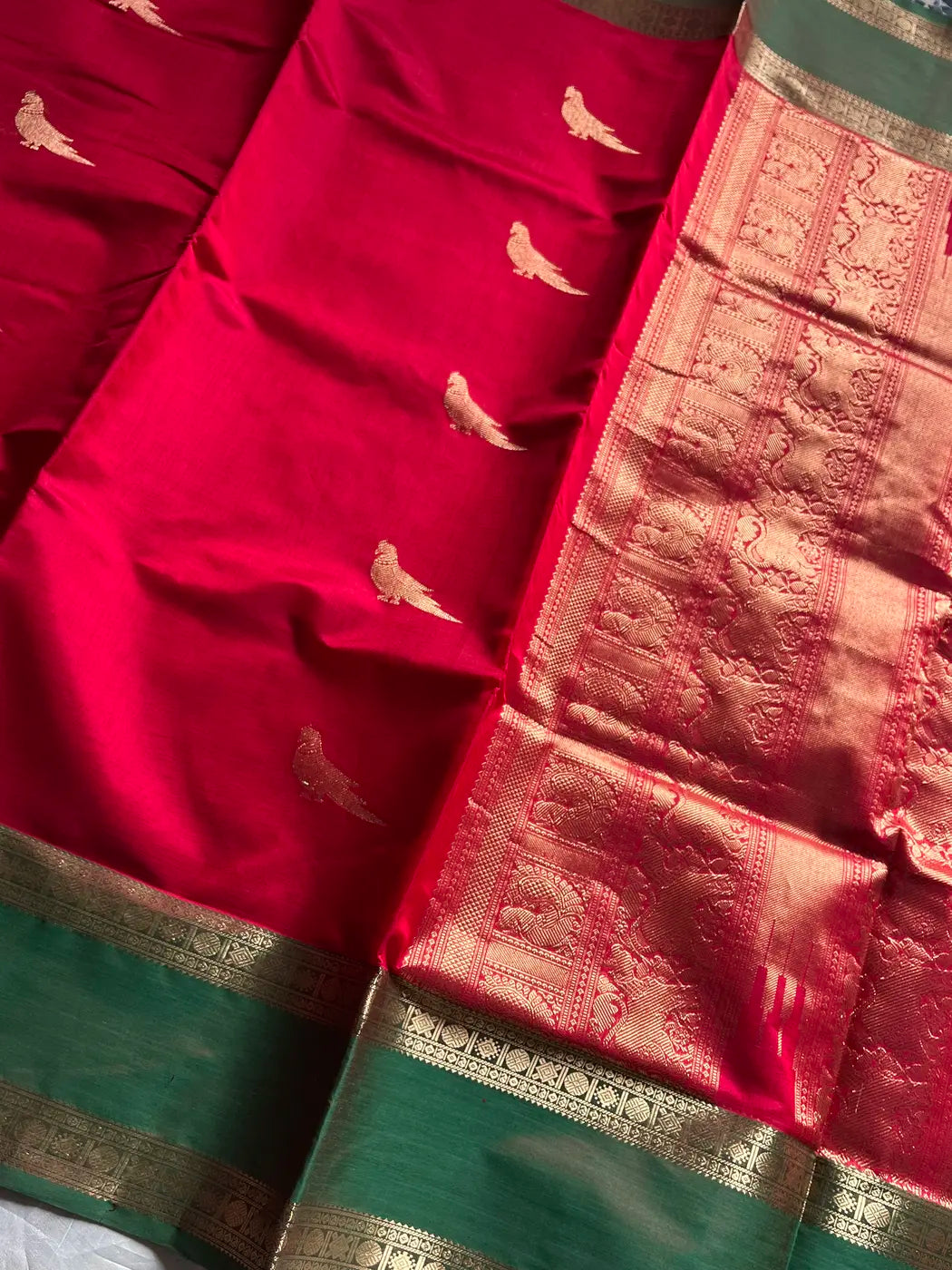 Kanchi Silkcotton Saree - Red & Green