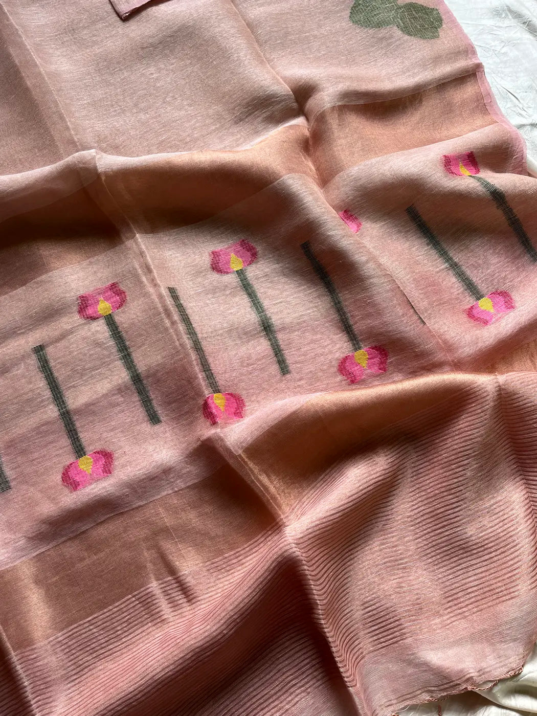 Handloom Silk Linen Jamdaani Saree - Pastel Pink