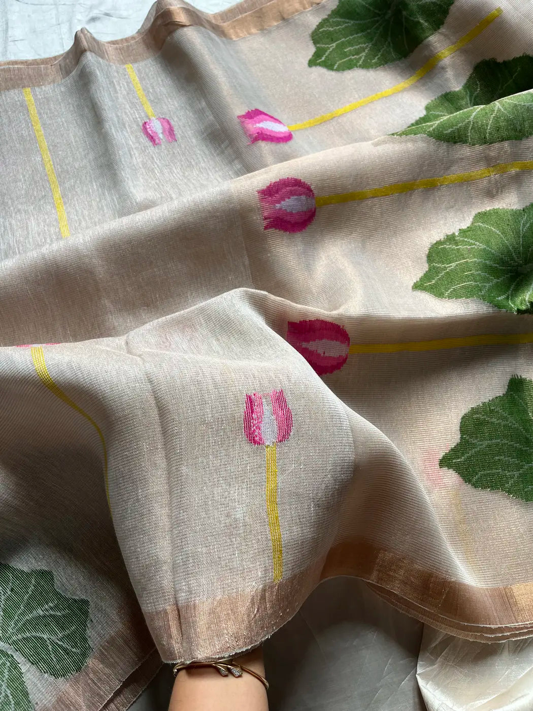 Handloom Silk Linen Jamdaani Saree - Cream White