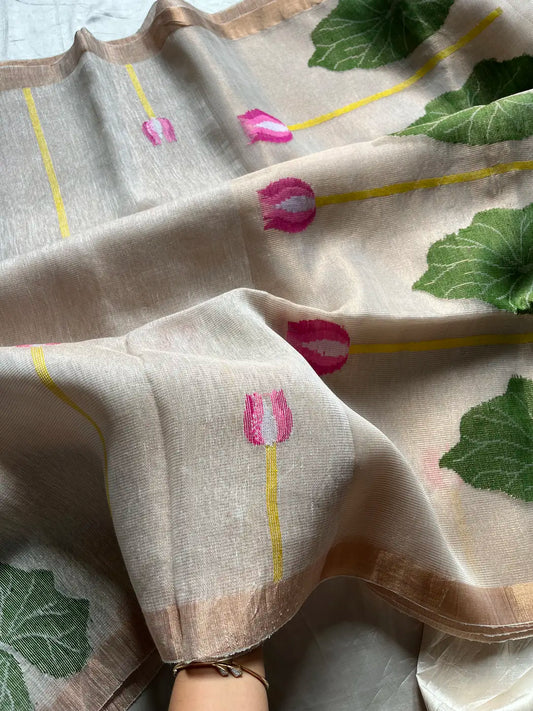 Handloom Silk Linen Jamdaani Saree - Cream White