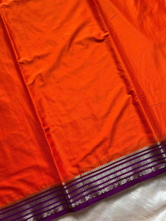 Semi Mysore Silk Saree – Orange with Golden Zari Border | House of Thansha