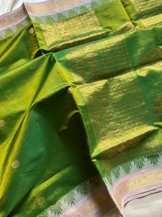 Pattu Nool Edit | Kanchi Silkcotton saree - Parrot Green