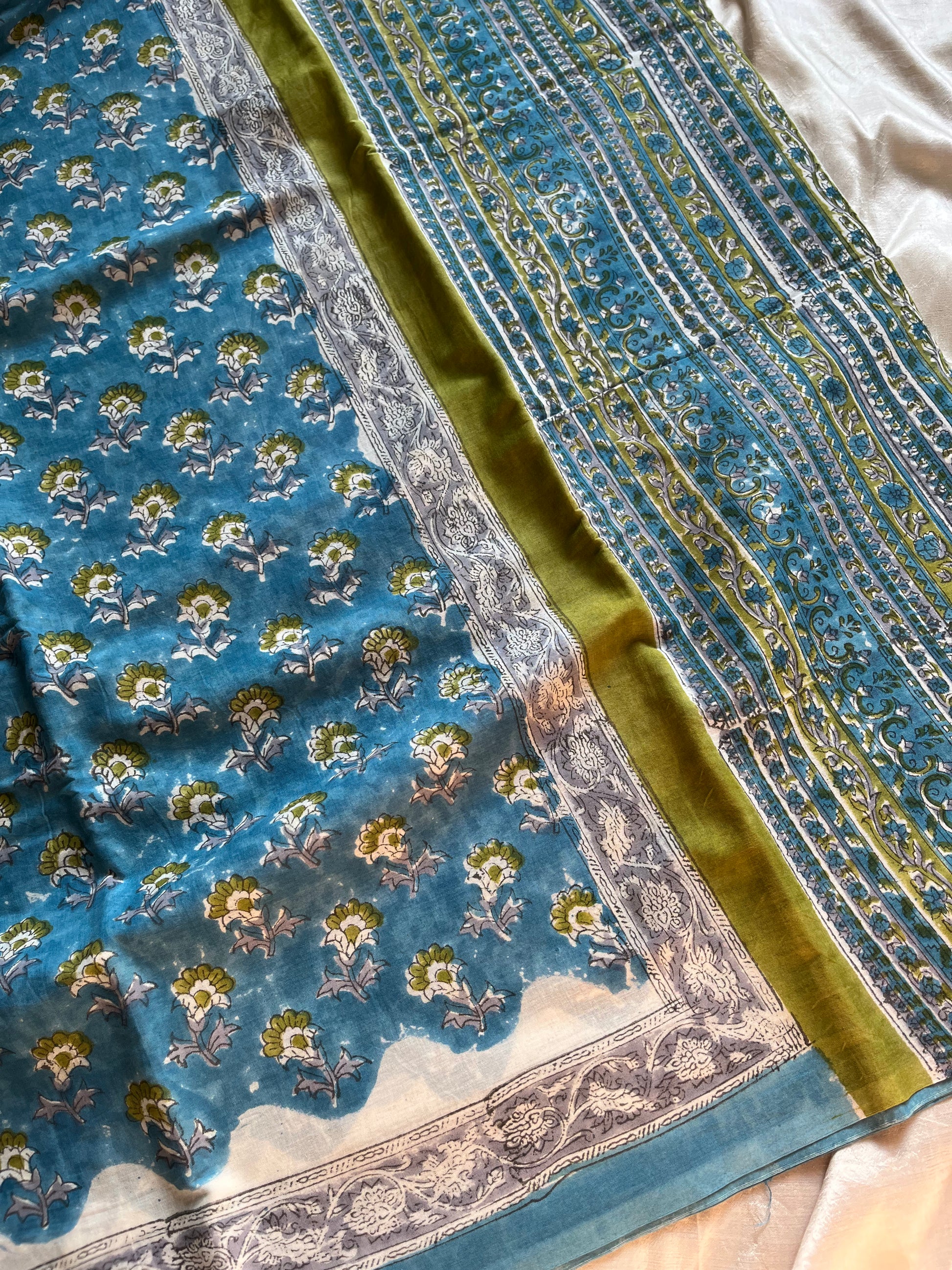 Neelaa – Blue Floral Block Printed Mulmul Cotton Saree | House of Thansha
