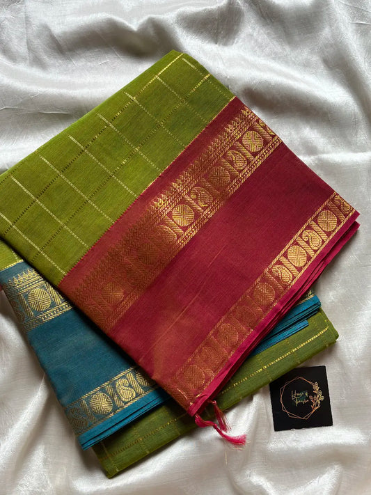 Royal Drapes – Green Zari Checks Kanchi Cotton Saree