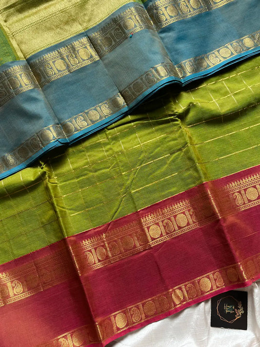 Royal Drapes – Green Zari Checks Kanchi Cotton Saree