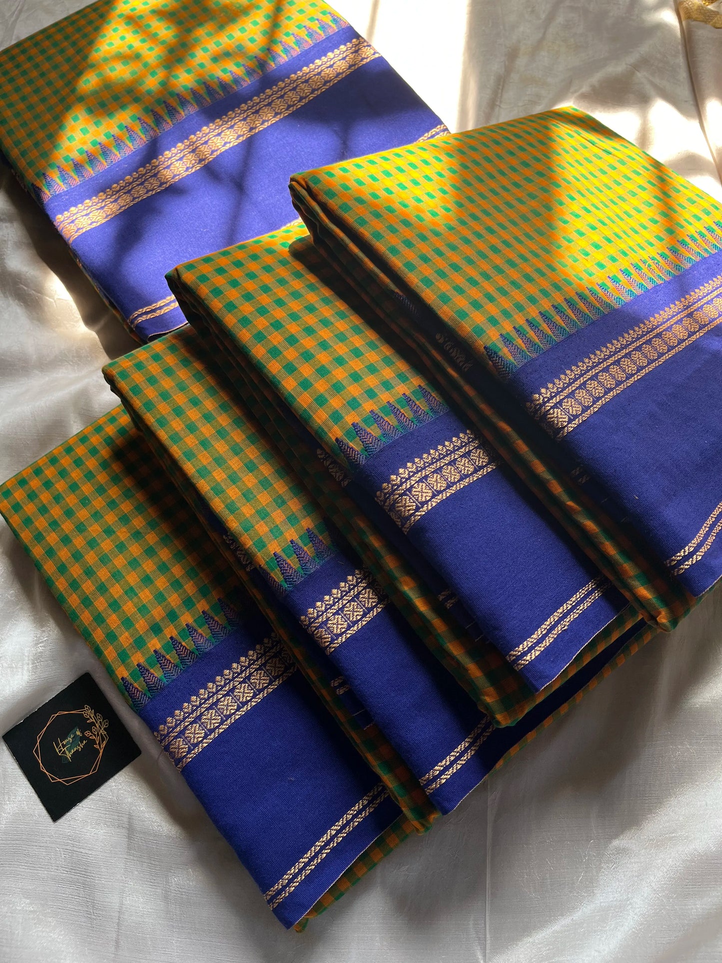 Maragatham – Green-yellow Korvai Kattam cotton saree with blue border | House of Thansha