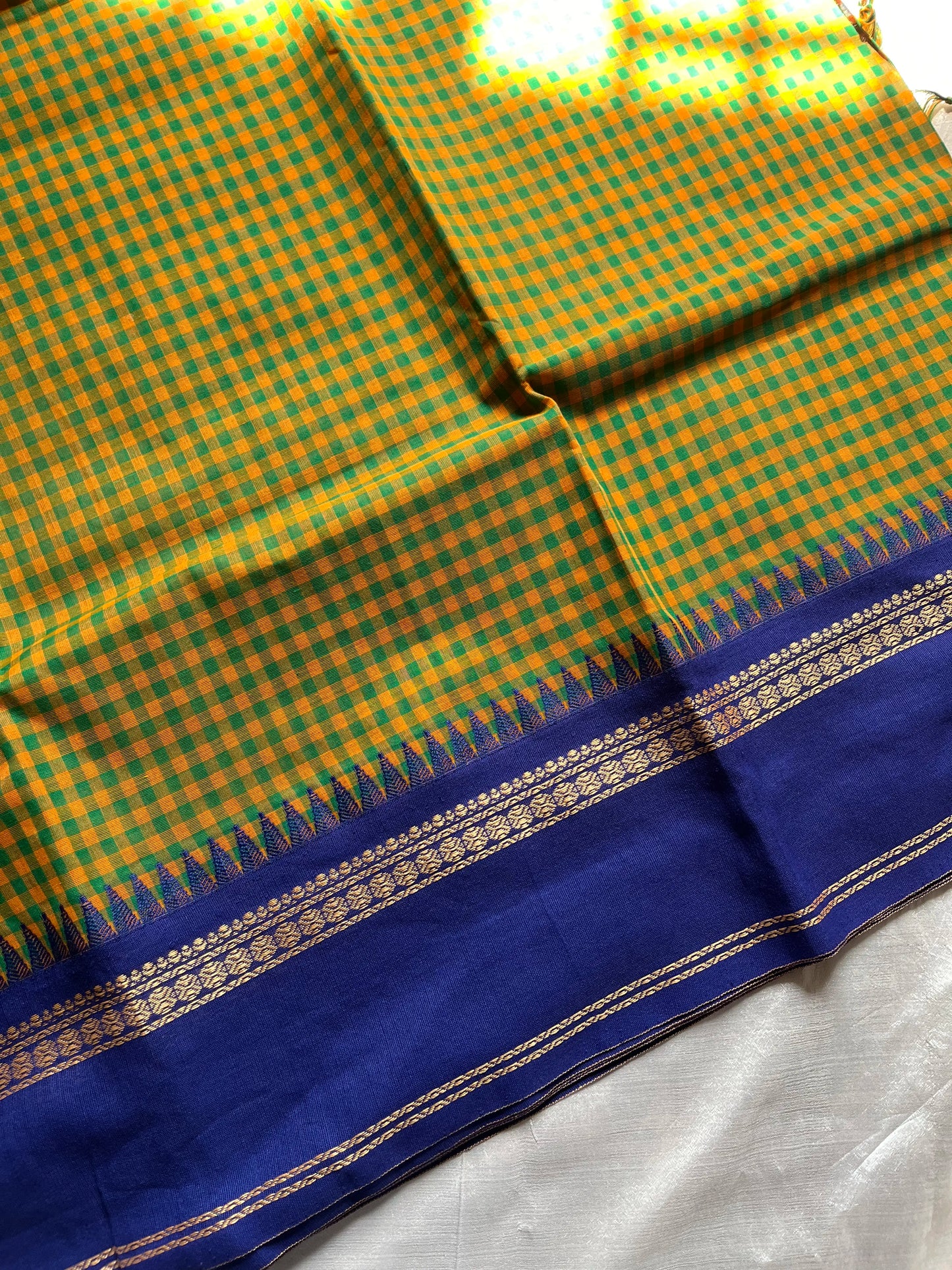 Maragatham – Green-yellow Korvai Kattam cotton saree with blue border | House of Thansha