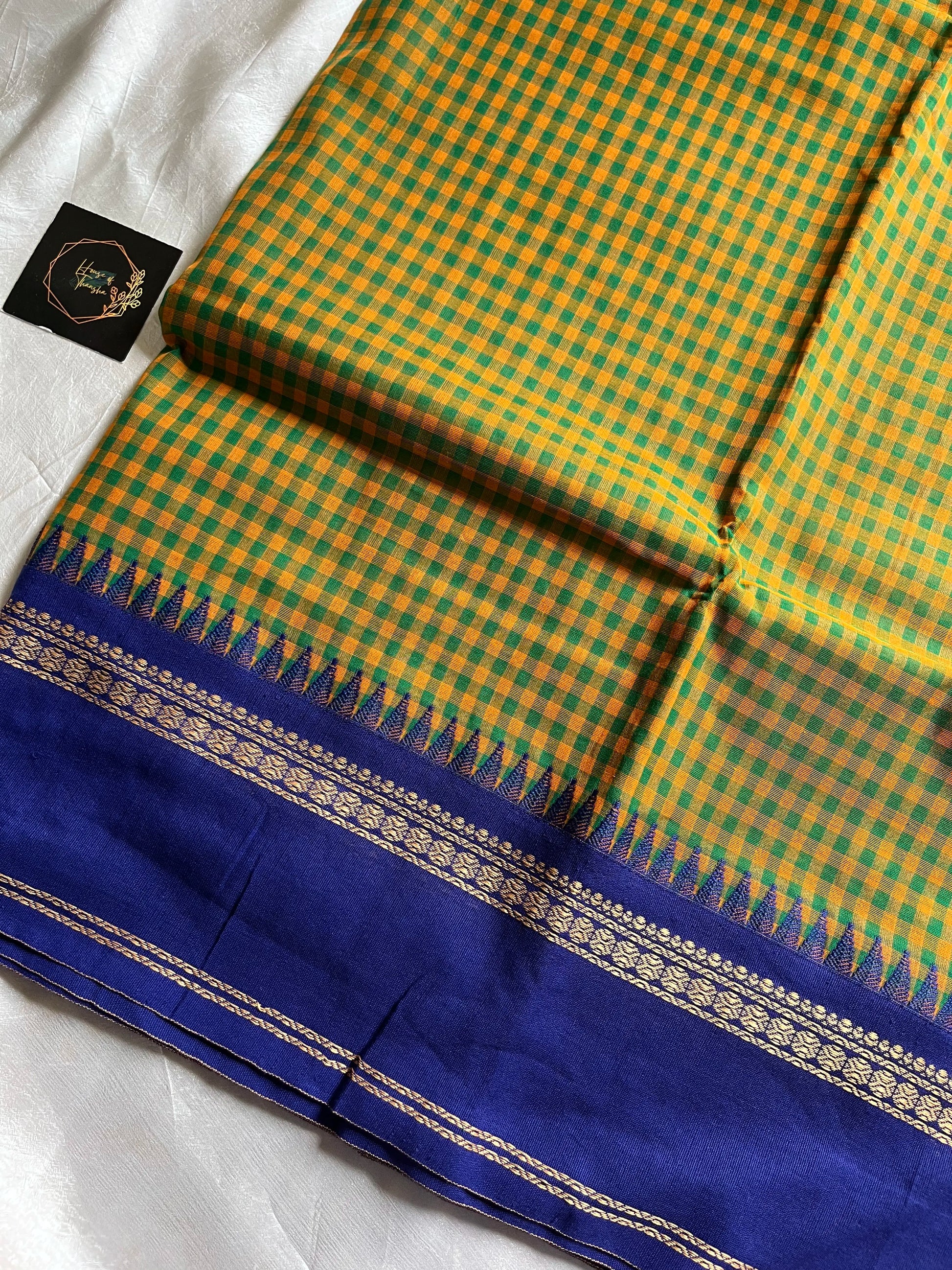 Maragatham – Green-yellow Korvai Kattam cotton saree with blue border | House of Thansha