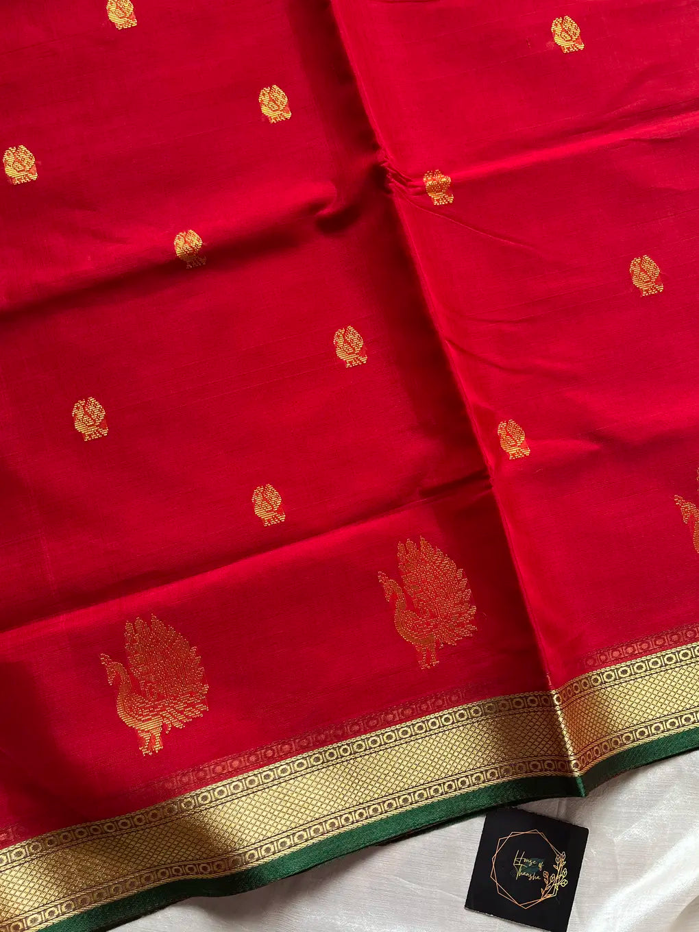 Vegan Silk Saree – Red & Green | Handloom Art Silk