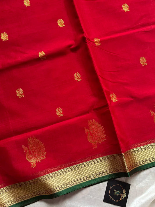 Vegan Silk Saree – Red & Green | Handloom Art Silk
