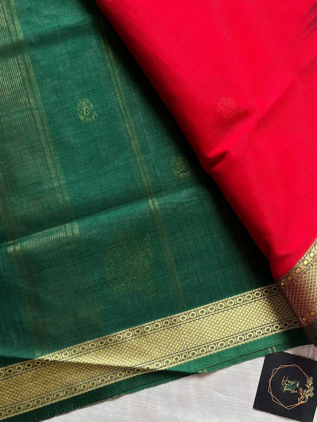 Vegan Silk Saree – Red & Green | Handloom Art Silk