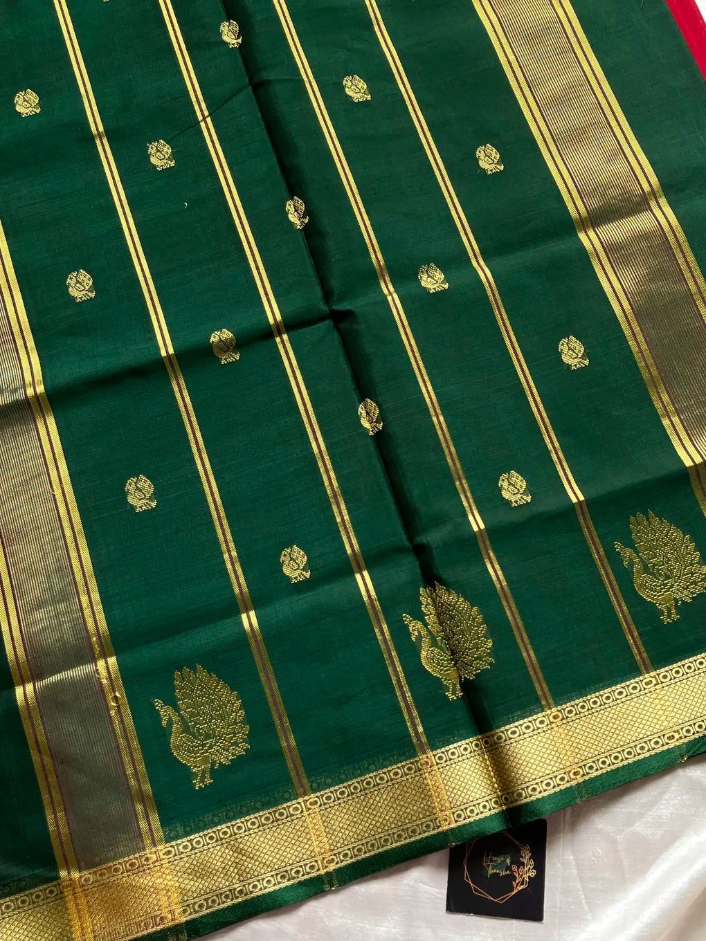 Vegan Silk Saree – Red & Green | Handloom Art Silk