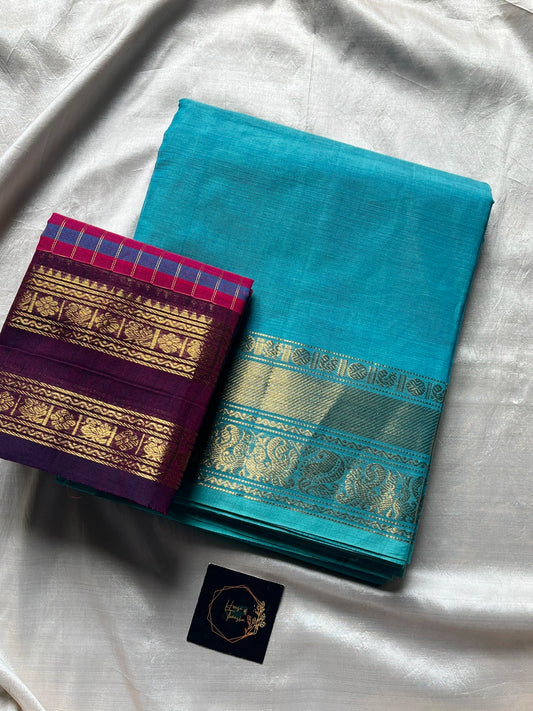 Subtle Weaves | SkyBlue Kanchi Cotton Saree (Contrast Blouse)