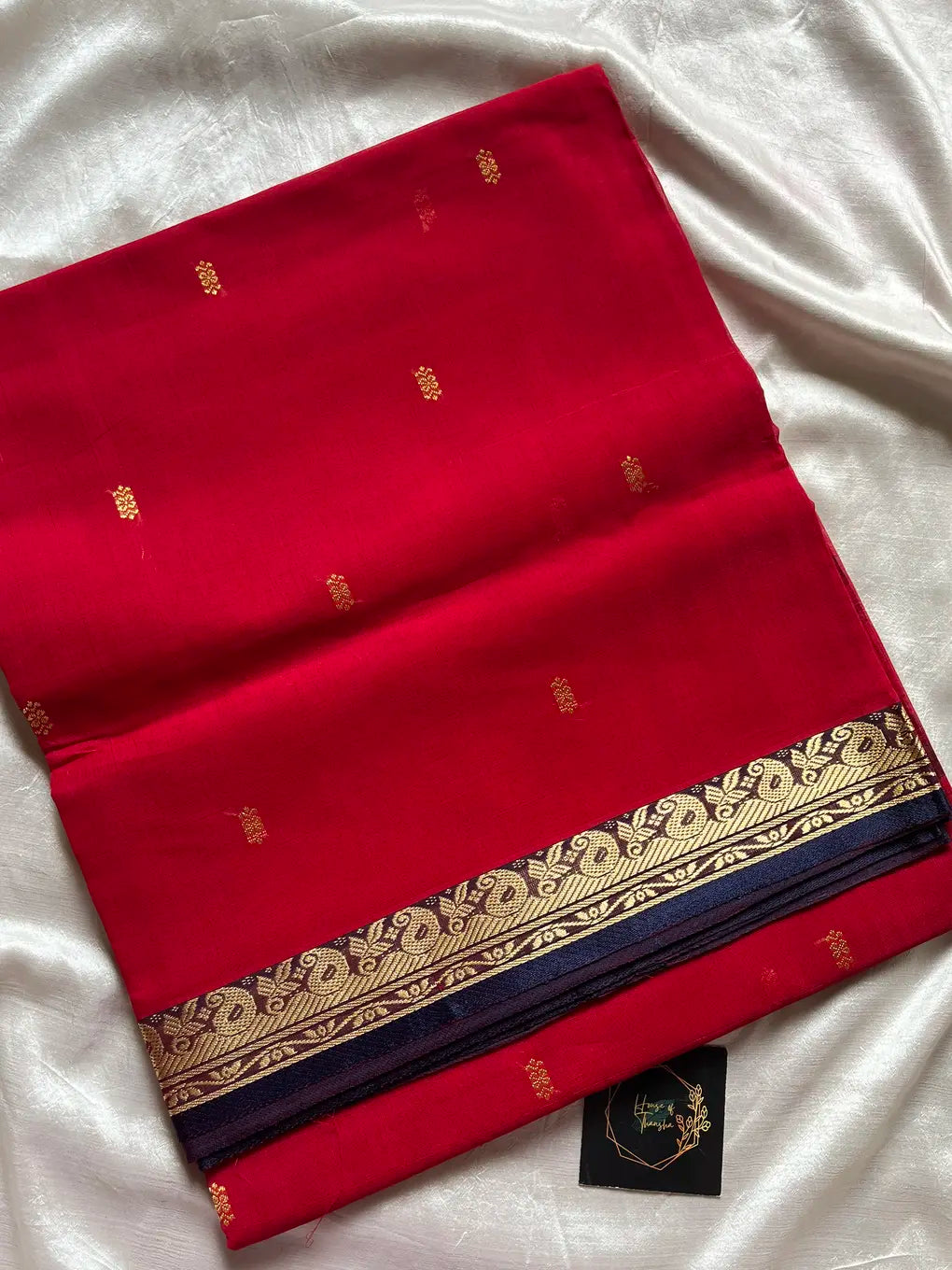 Vegan Silk Saree – Red & Blue Handloom Art Silk