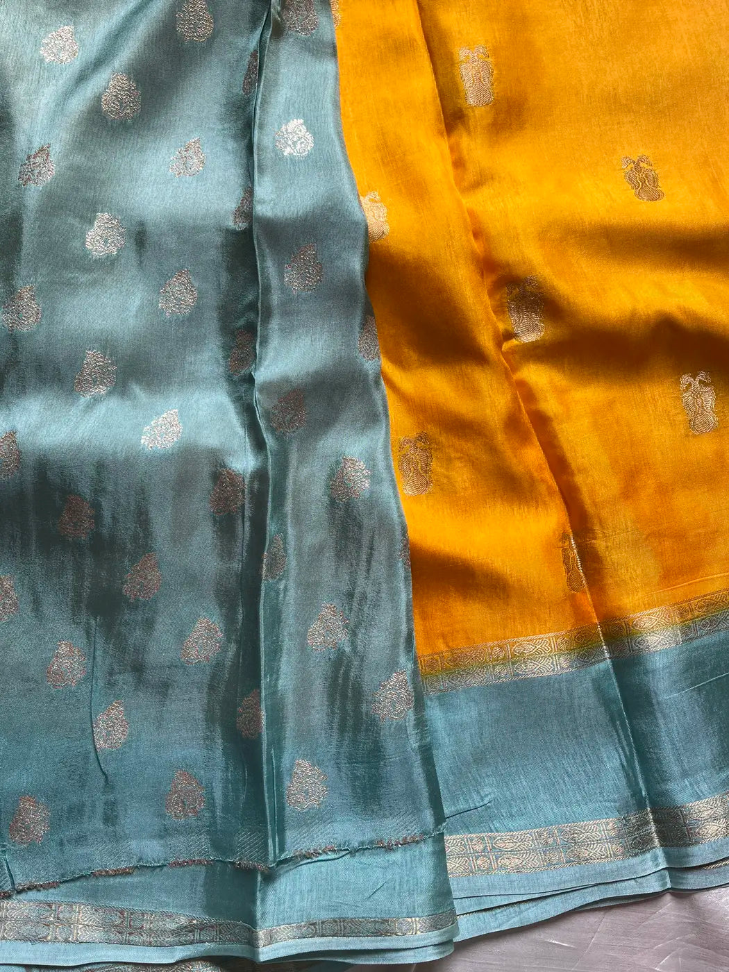 Banarasi Crepe Silk Saree – Yellow & Blue