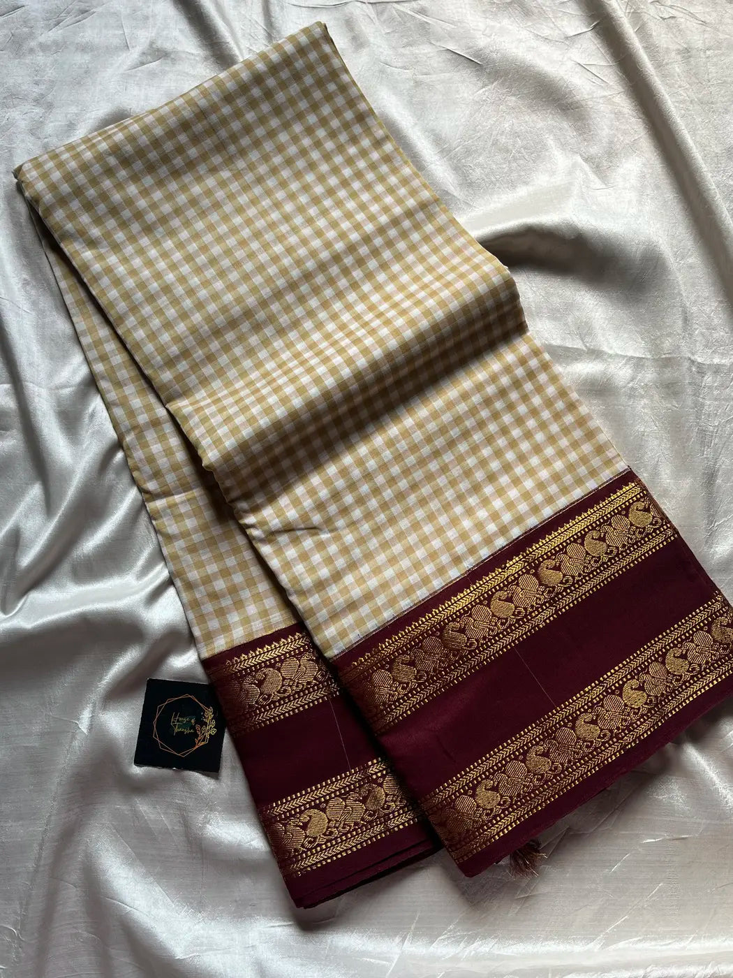 Korvai Kattam 120 count's mercerised Chettinadu Cotton Saree - White with Maroon