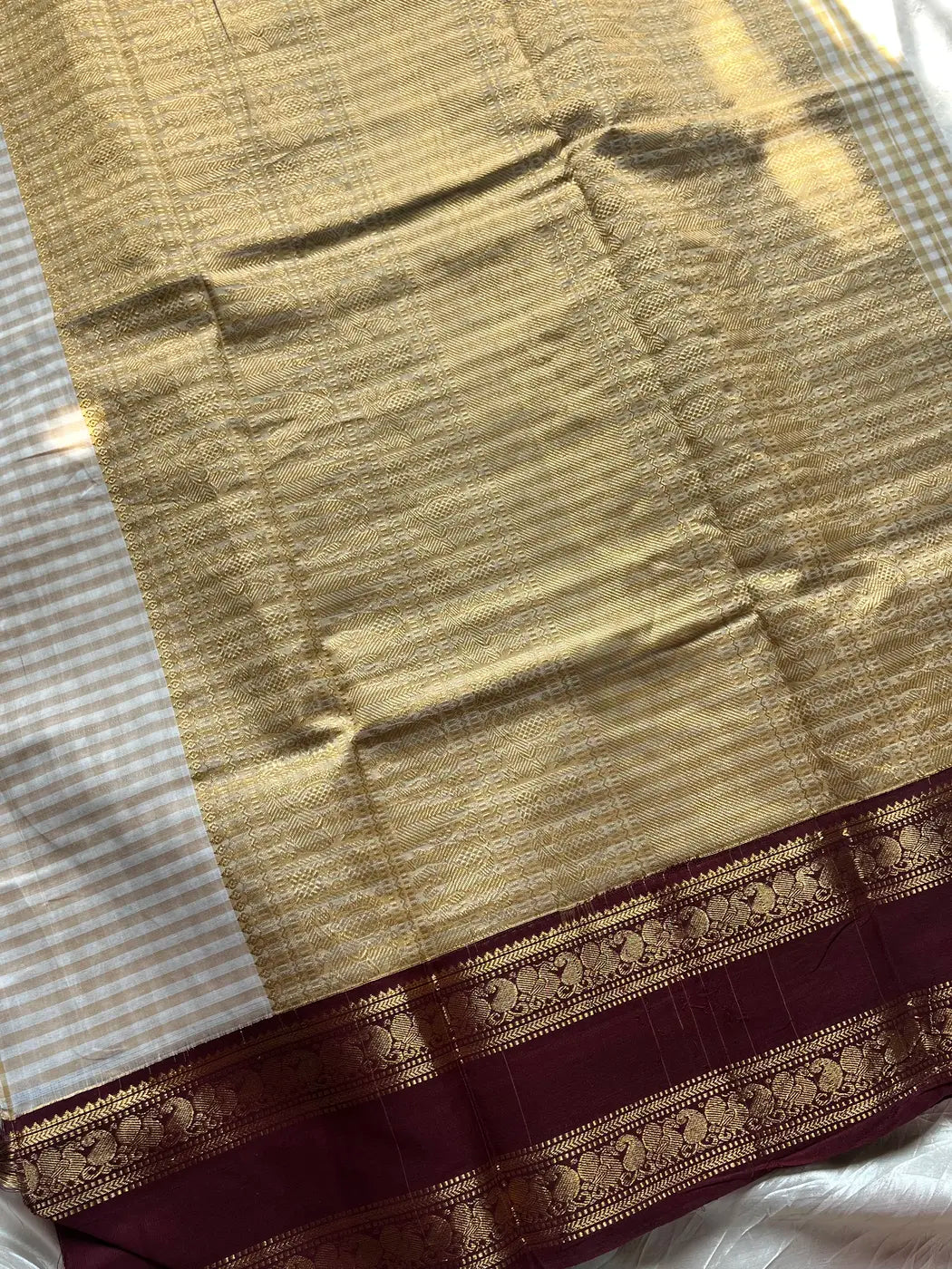 Korvai Kattam 120 count's mercerised Chettinadu Cotton Saree - White with Maroon