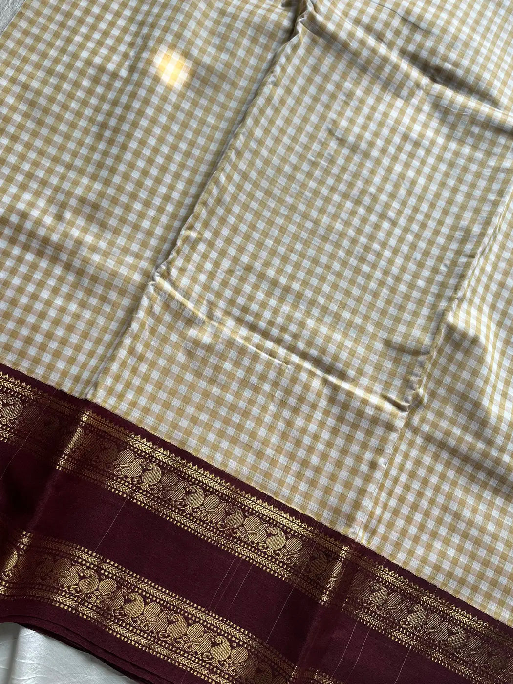 Korvai Kattam 120 count's mercerised Chettinadu Cotton Saree - White with Maroon