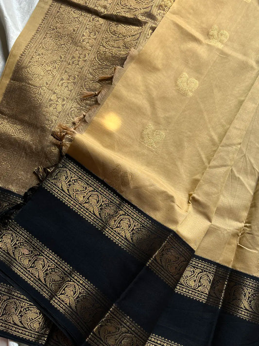 Throne Edit – Beige & Black 120 Counts Mercerised Korvai Kanchi Cotton Saree
