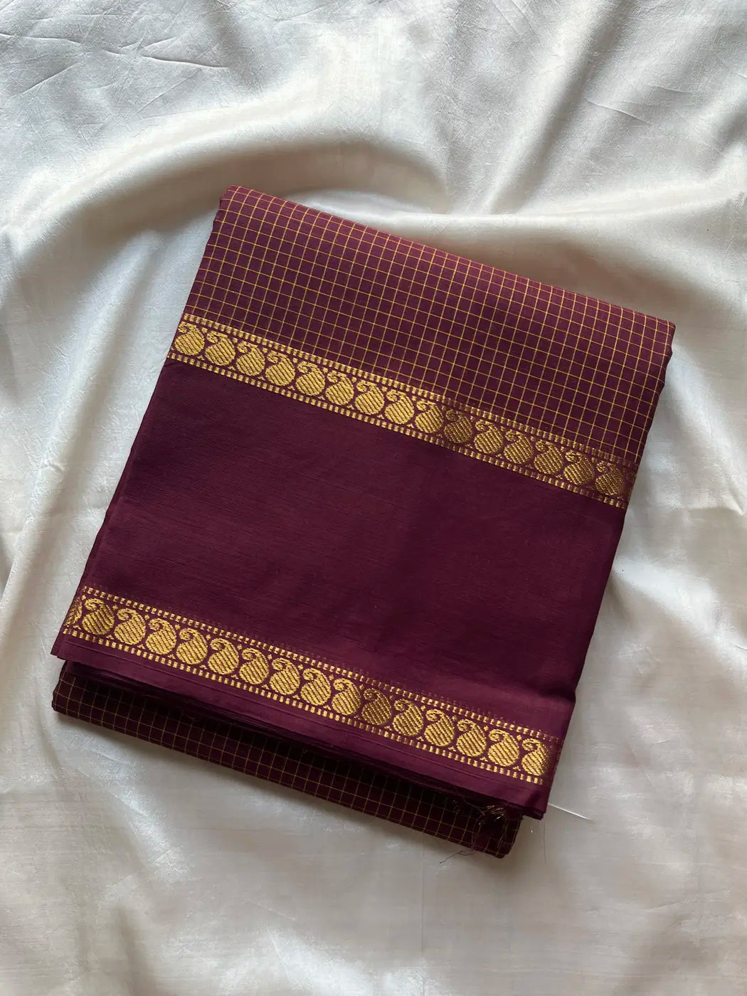 Mini Kattam – Coffee Brown & Plum Checked Chettinadu Cotton Saree
