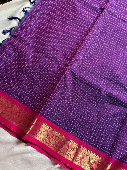 Throne Edit – Purple Checks Kanchi Cotton Saree (120-Count Mercerised)
