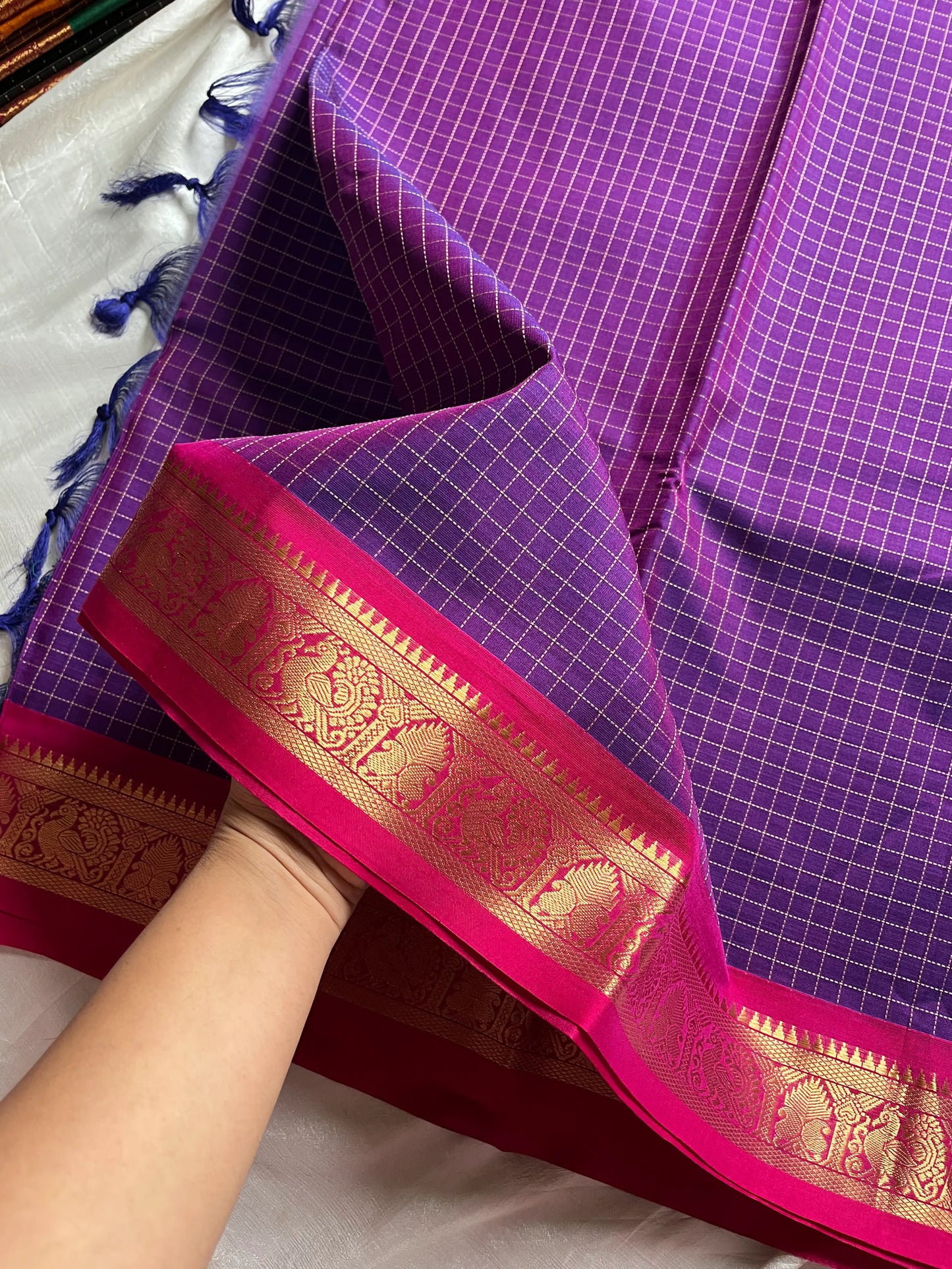 Throne Edit – Purple Checks Kanchi Cotton Saree (120-Count Mercerised)