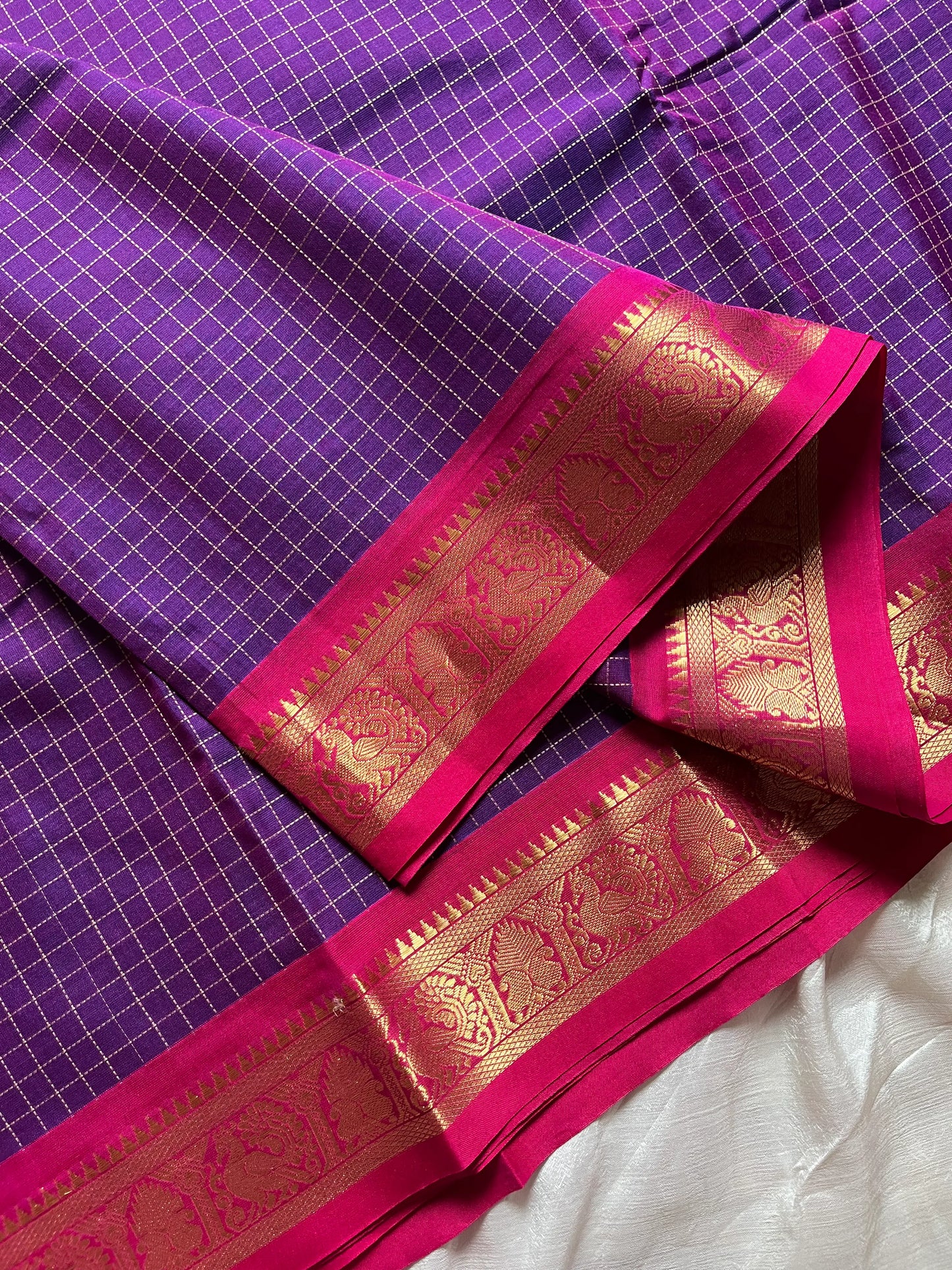 Throne Edit – Purple Checks Kanchi Cotton Saree (120-Count Mercerised)
