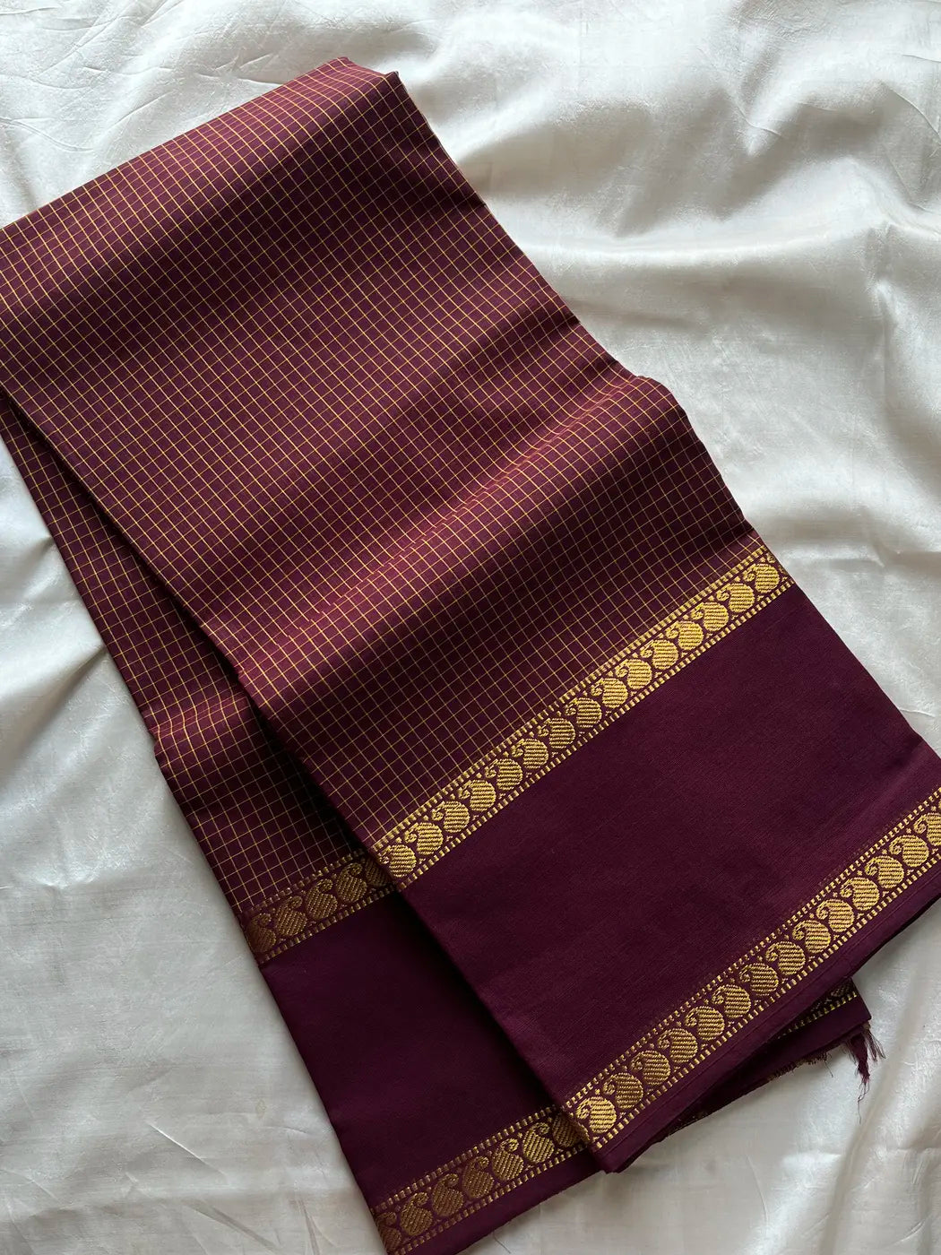 Mini Kattam – Coffee Brown & Plum Checked Chettinadu Cotton Saree