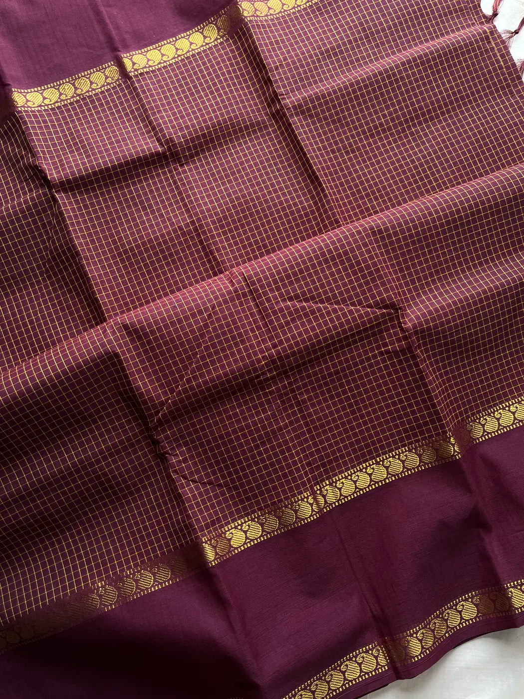 Mini Kattam – Coffee Brown & Plum Checked Chettinadu Cotton Saree