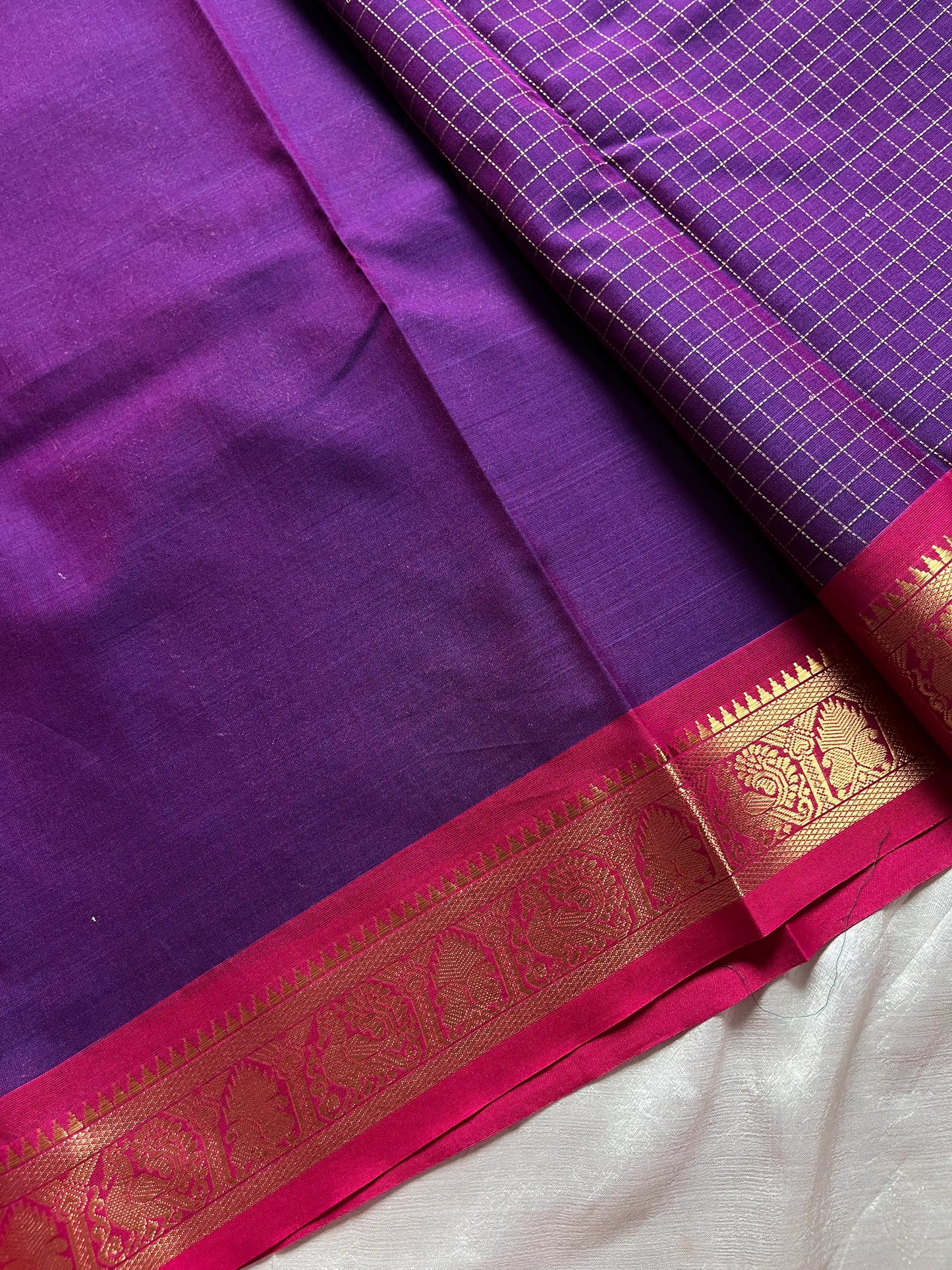 Throne Edit – Purple Checks Kanchi Cotton Saree (120-Count Mercerised)