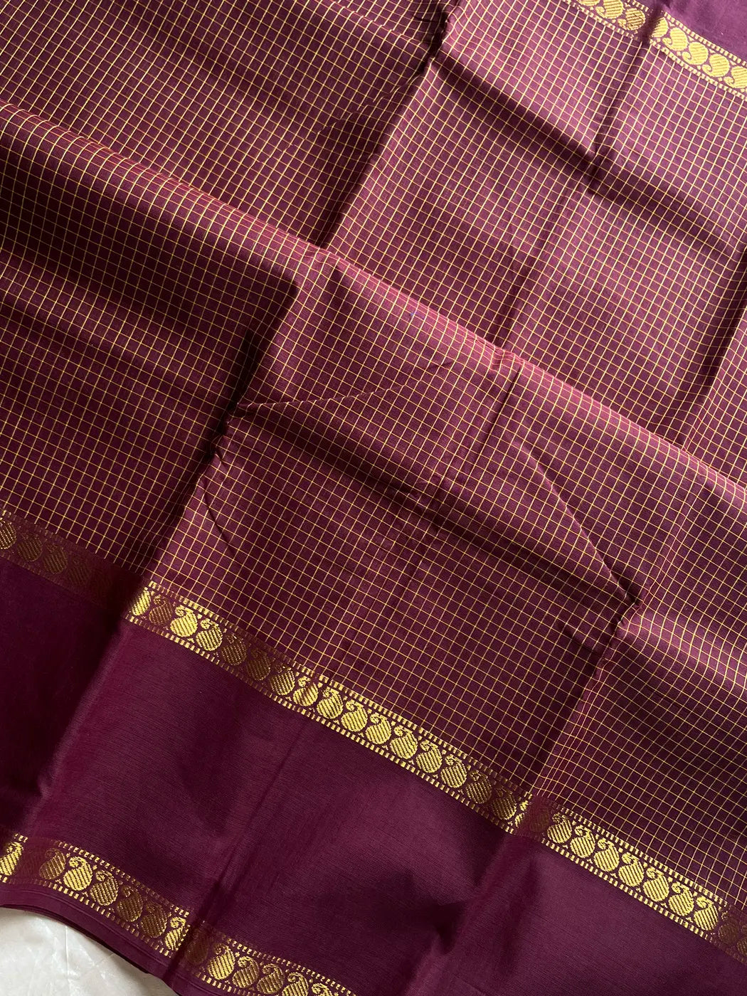 Mini Kattam – Coffee Brown & Plum Checked Chettinadu Cotton Saree