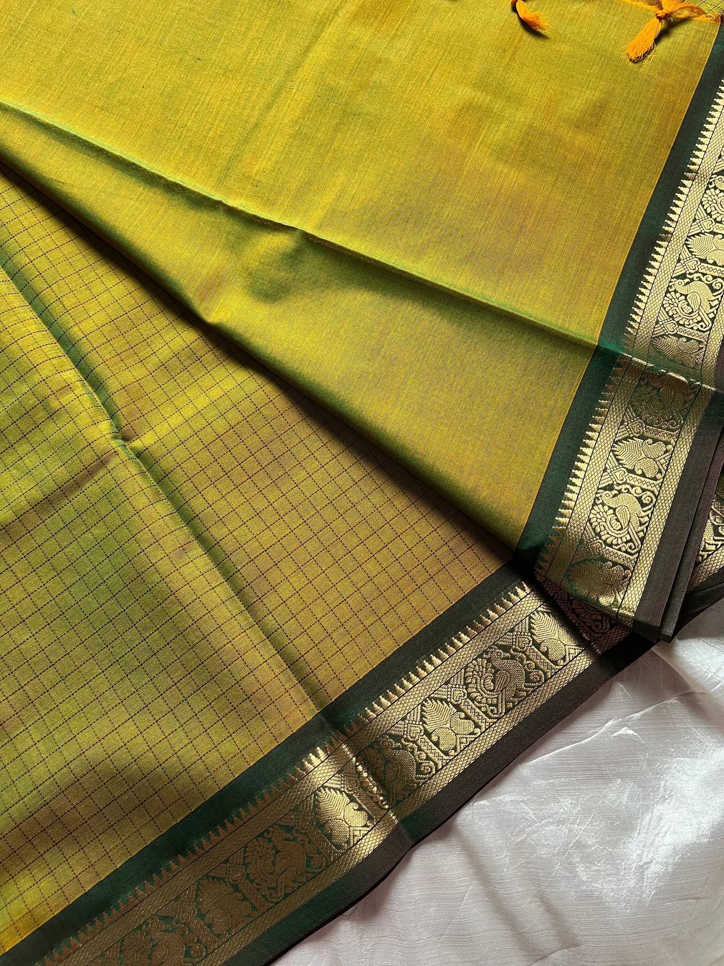 Throne Edit Green Checks 120-Count mercerised Kanchi Cotton Saree by House of Thansha