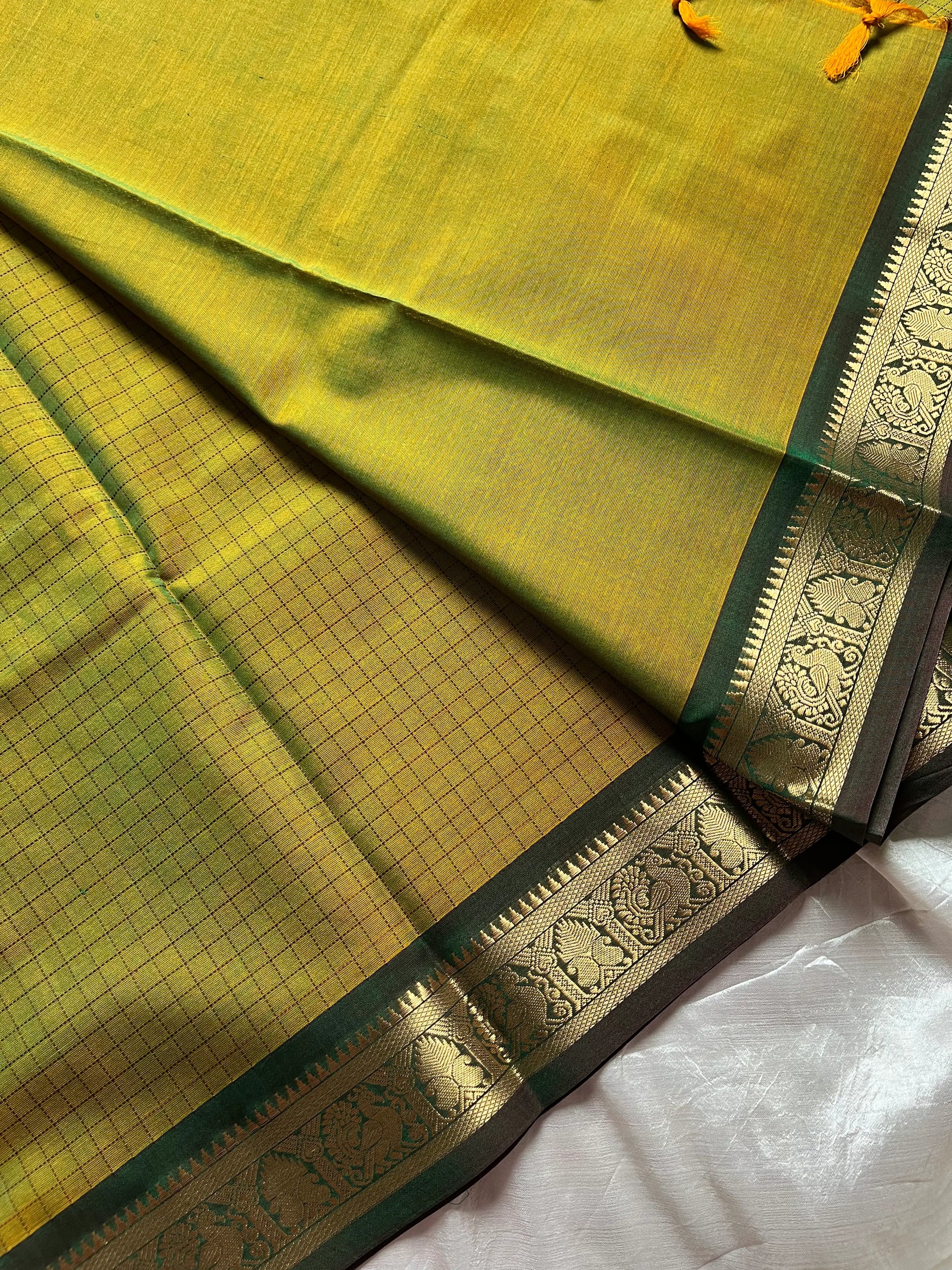 Throne Edit Green Checks 120-Count mercerised Kanchi Cotton Saree by House of Thansha