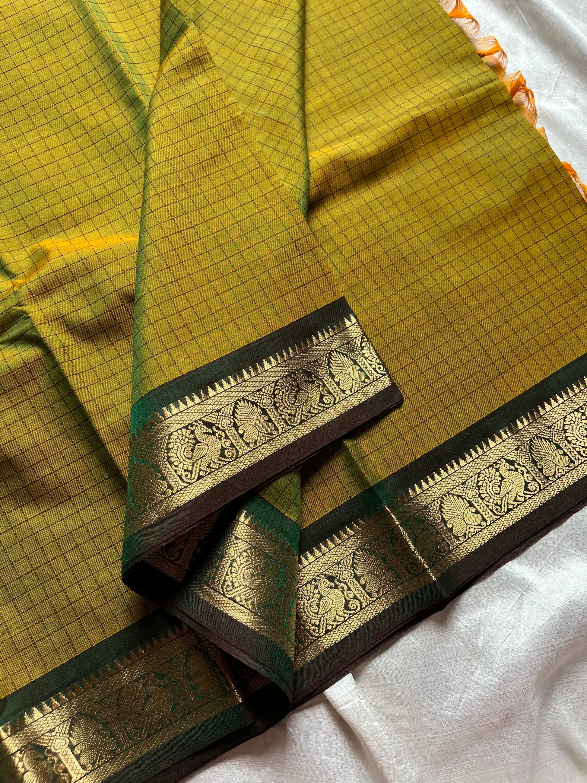 Throne Edit Green Checks 120-Count mercerised Kanchi Cotton Saree by House of Thansha