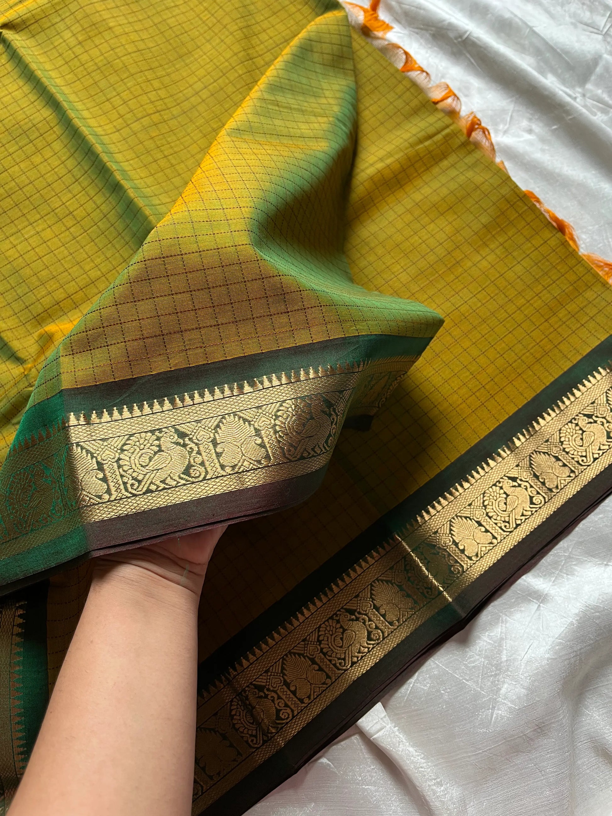 Throne Edit Green Checks 120-Count mercerised Kanchi Cotton Saree by House of Thansha