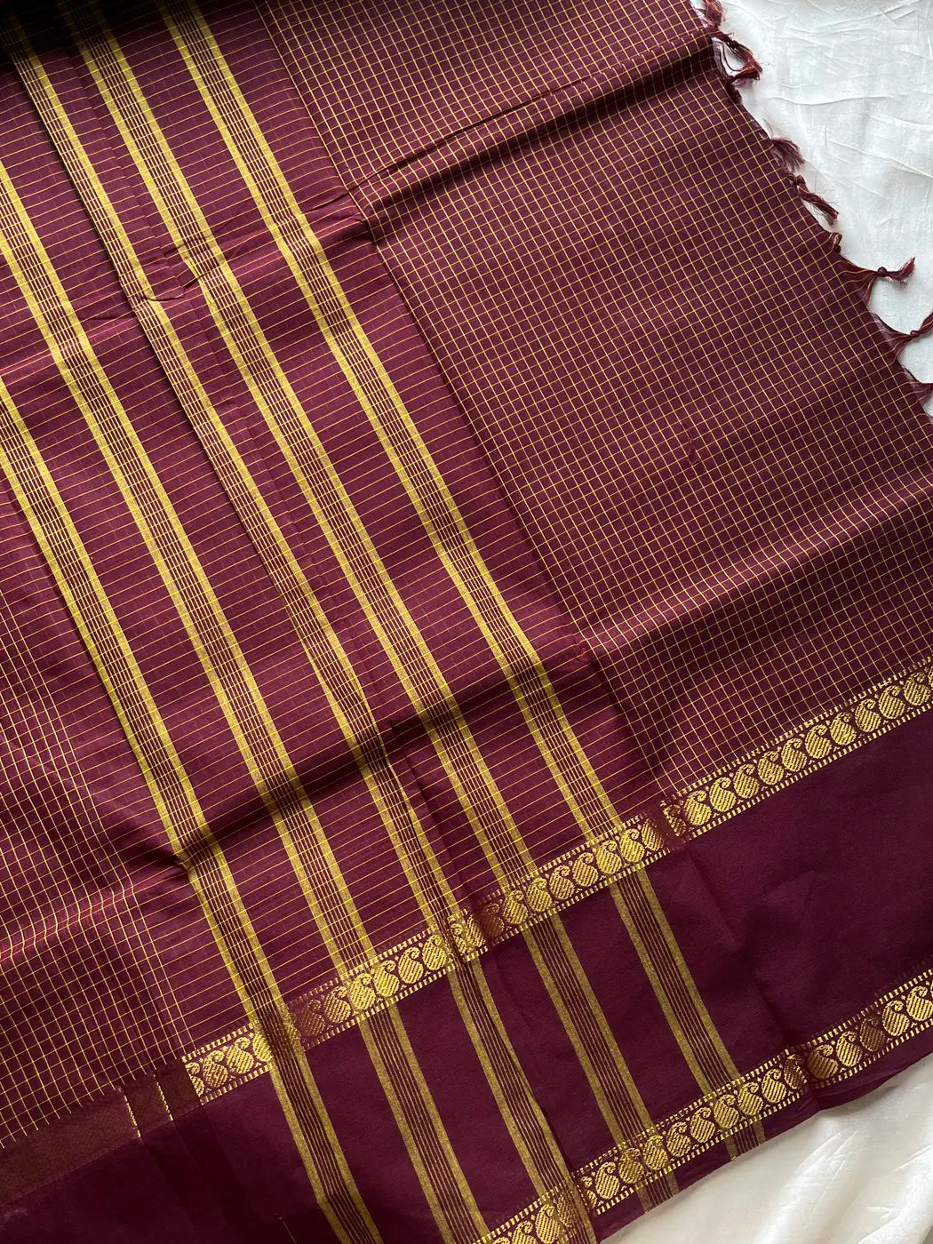 Mini Kattam – Coffee Brown & Plum Checked Chettinadu Cotton Saree
