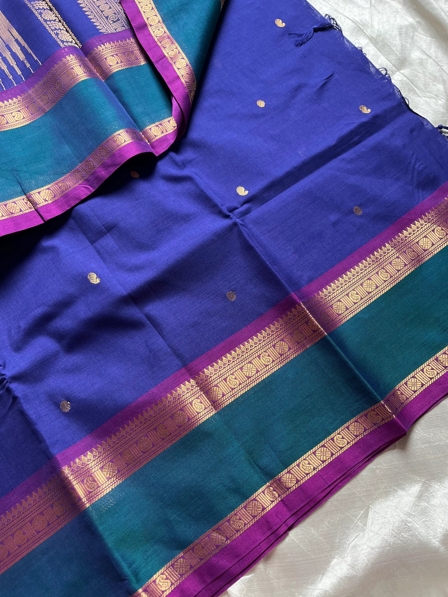 Ink blue 120 count Kanchi cotton saree with big zari border – House of Thansha
