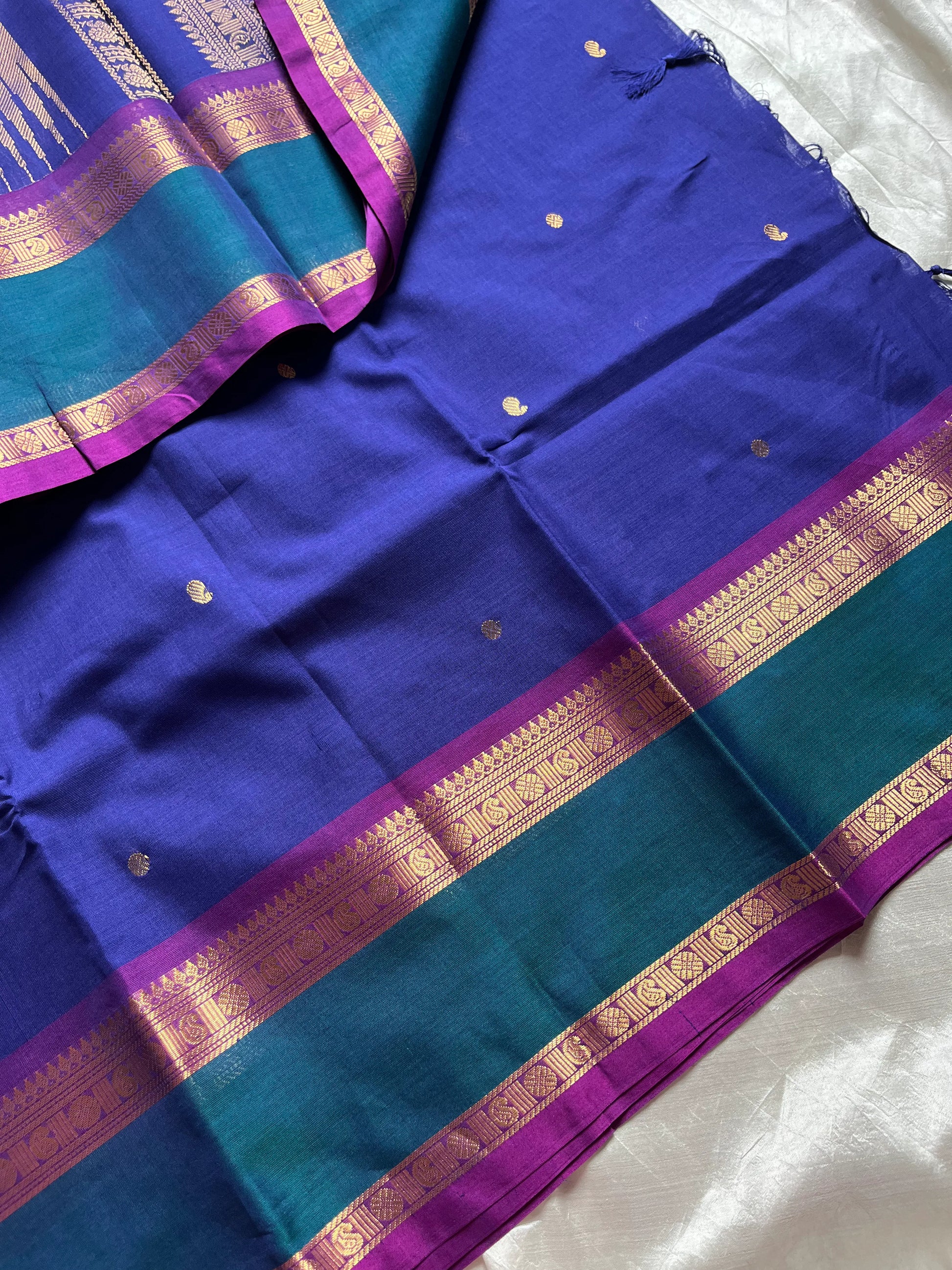 Ink blue 120 count Kanchi cotton saree with big zari border – House of Thansha