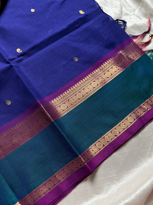 Ink blue 120 count Kanchi cotton saree with big zari border – House of Thansha
