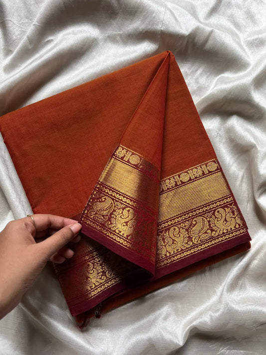 Subtle Weaves | Rust Orange Kanchi Cotton Saree