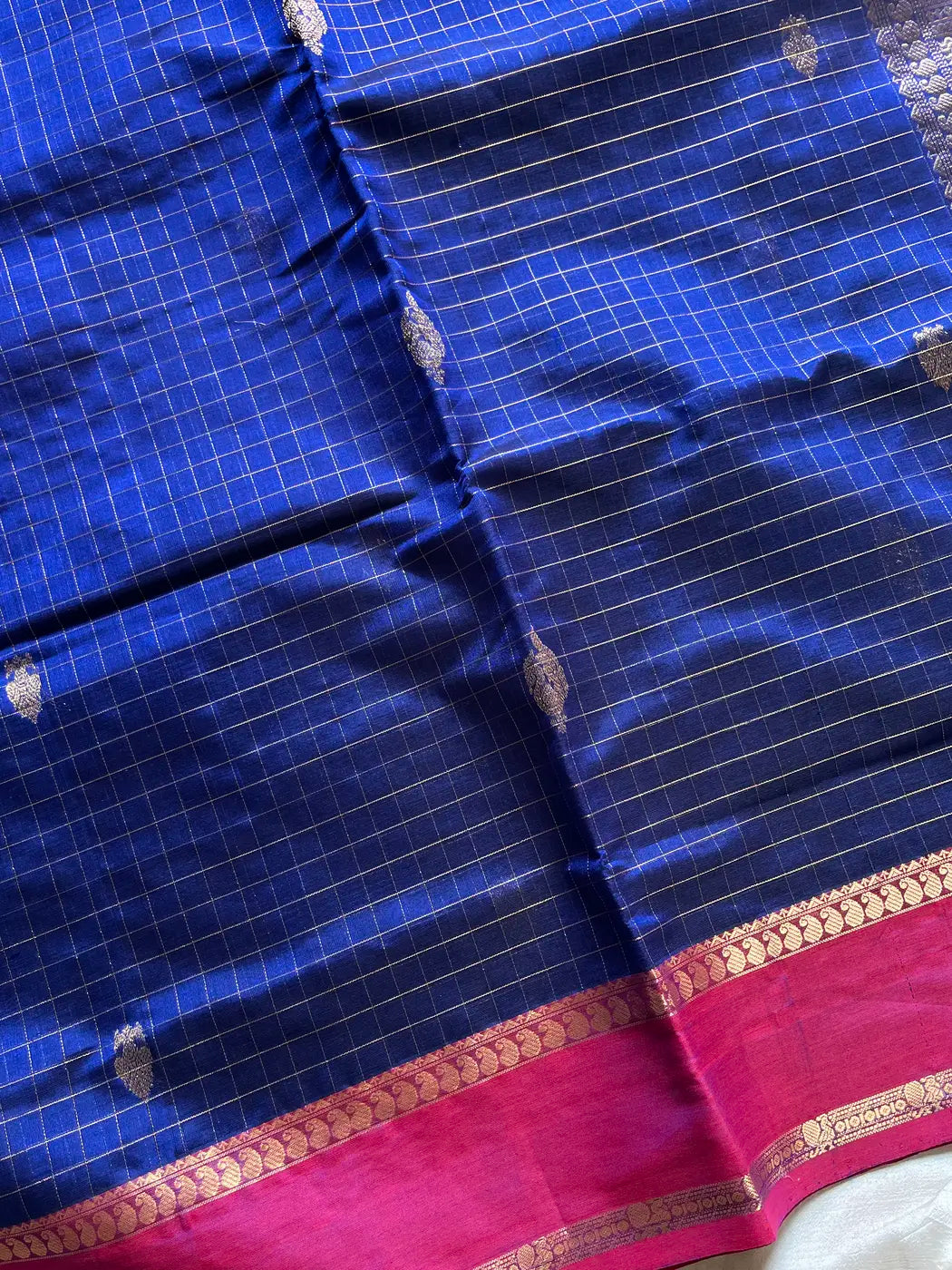 Pure Handloom Kanchi Silkcotton – Blue Checks
